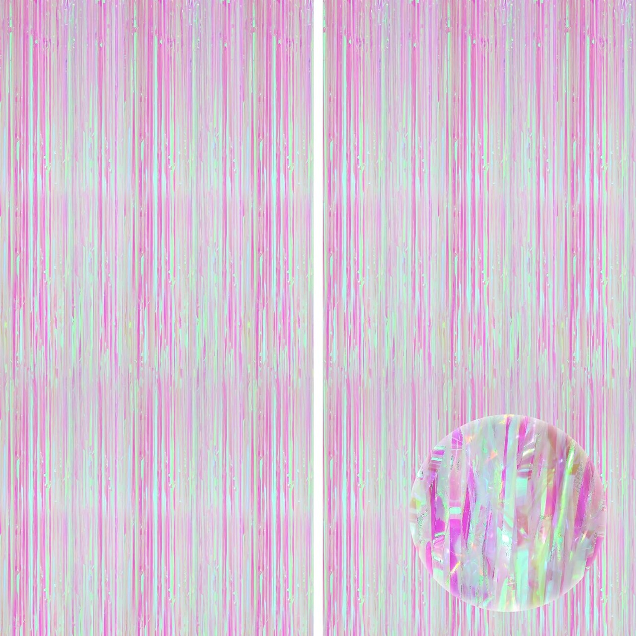 XtraLarge Foil Iridescent Backdrop Curtain - 3.2x8 Feet, Pack of 2 | Pink Tinsel Fringe Curtain, Ramadan Decorations for Home | Iridescent Streamer Backdrop | Unicorn Birthday Decorations